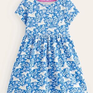 Mini Boden - Blue Peacock Plume & Horses Short Sleeve Fun Jersey Dress, Size 5-6
